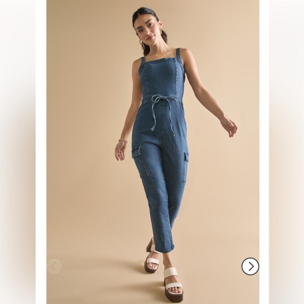 francescas kirsten blue denim tie front straight leg square neck jumpsuit small